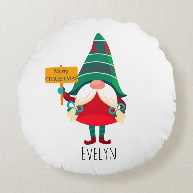 Cute Gnome Holding Placard with Greetings Round Cushion (Front)