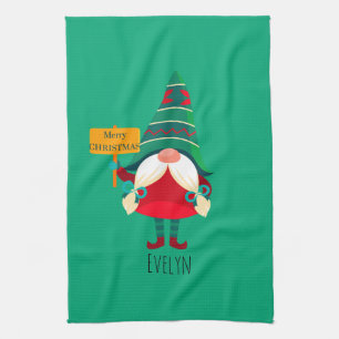 Cute Gnome Holding Placard with Greetings Tea Towel