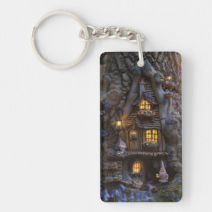 Cute gnome house in a tree key ring