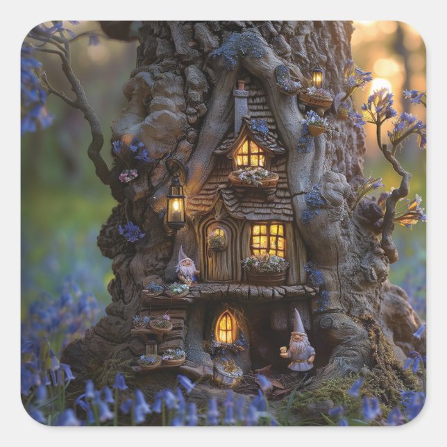 Cute gnome house in a tree  square sticker (Front)