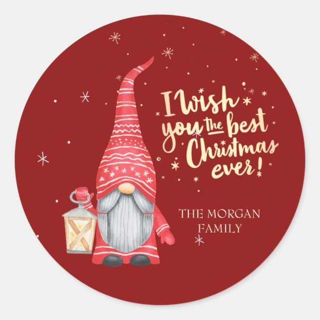 Cute Gnome,I Wish You The Best Christmas Ever  Classic Round Sticker (Front)