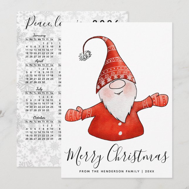 Cute Gnome in Red 2025 Calendar Merry Christmas Holiday Card (Front/Back)