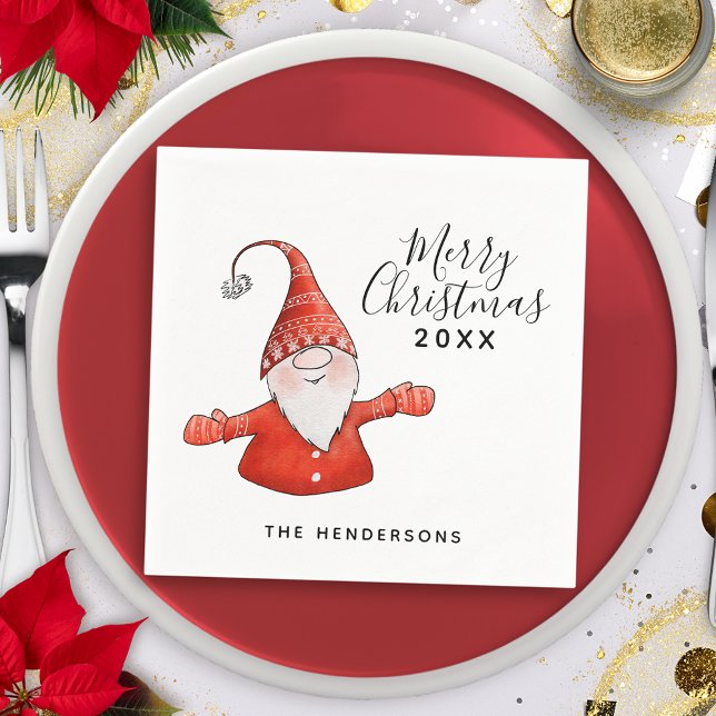 Cute Gnome in Red Merry Christmas Napkin (Creator Uploaded)