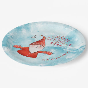 Cute Gnome in Red Modern Custom Merry Christmas Paper Plate