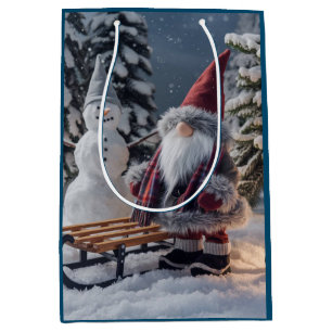 Cute gnome in Santa clothes with a sled Medium Gift Bag