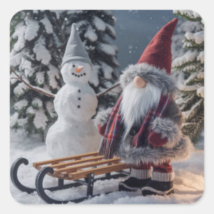 Cute gnome in Santa clothes with a sled Square Sticker