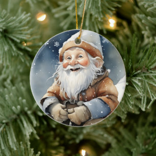 Cute Gnome In Winter Snow Ceramic Tree Decoration