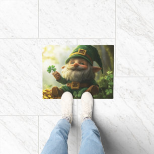 Cute gnome leprechaun with shamrocks and clovers doormat