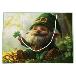 Cute gnome leprechaun with shamrocks and clovers large gift bag