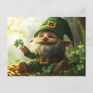 Cute gnome leprechaun with shamrocks and clovers postcard