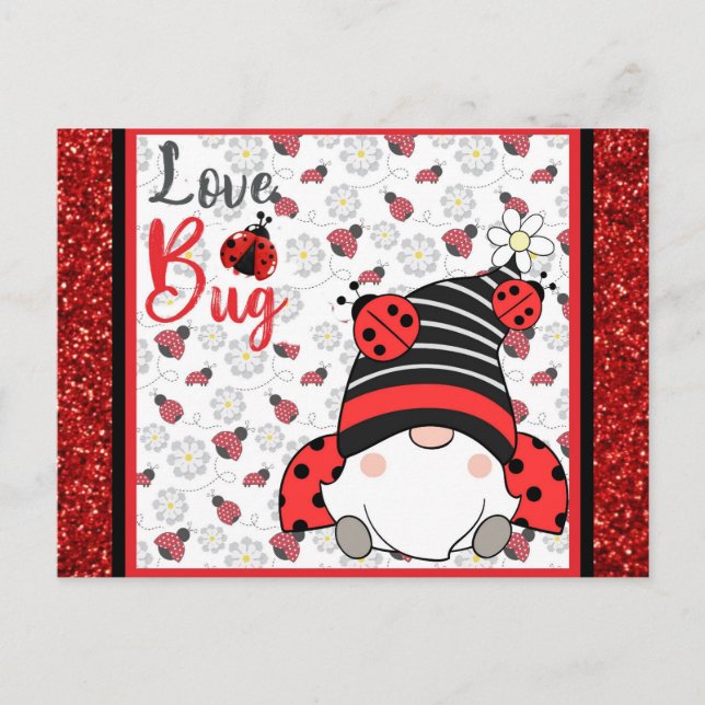 Cute Gnome Love Bug Ladybug Valentines Day Postcard (Front)