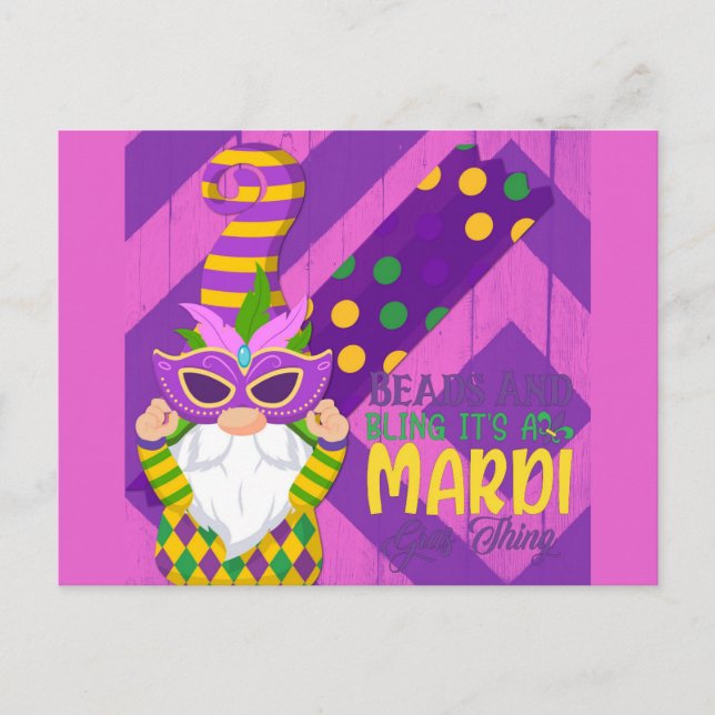 Cute Gnome Mardi Gras Beads Bling Postcard (Front)