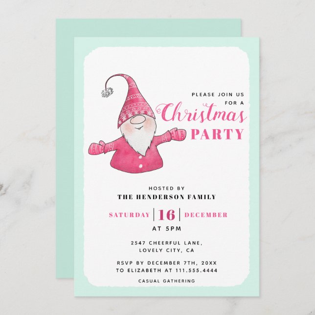 Cute Gnome Mint Green and Pink Christmas Party Invitation (Front/Back)