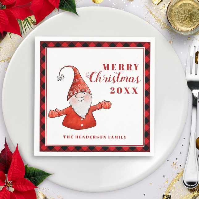 Cute Gnome Modern Personalised Merry Christmas Napkin (Creator Uploaded)