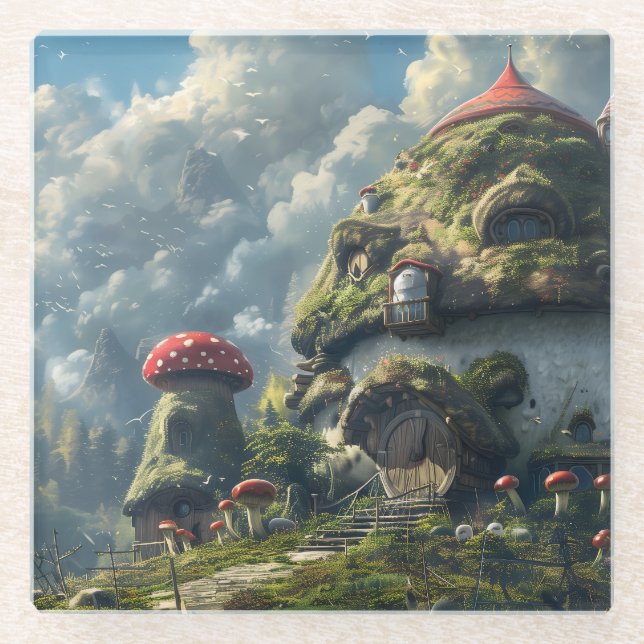 Cute gnome ,mushroom house  glass coaster (Front)