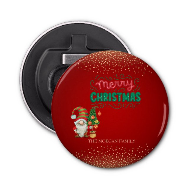Cute Gnome Pine Tree Confetti Red Merry Christmas  Bottle Opener (Front)