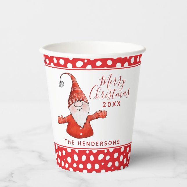 Cute Gnome Polka Dots White Red Merry Christmas Paper Cups (Front)