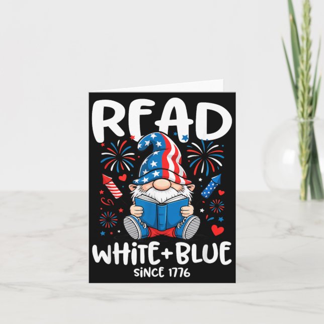 Cute Gnome Read White Blue Independence Day Card (Front)