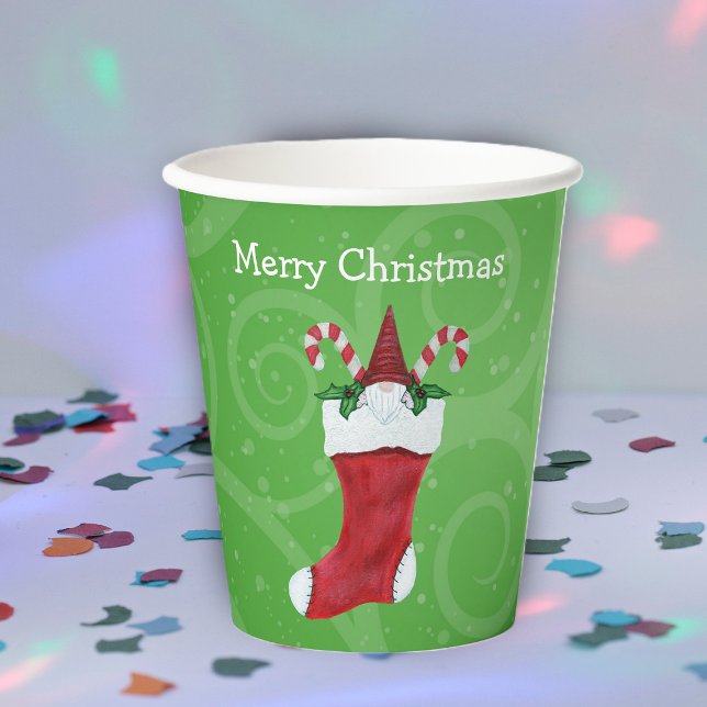 Cute Gnome Red Hat Candy Canes Christmas Stocking Paper Cups (Cute gnome red hat candy canes in Christmas Stocking on green swirls party paper drink cups.)