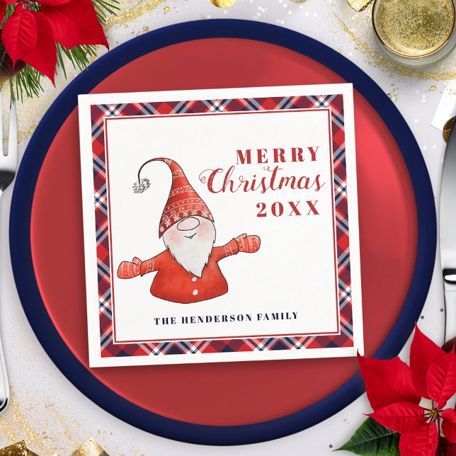 Cute Gnome Rustic Personalised Merry Christmas Napkin (Creator Uploaded)