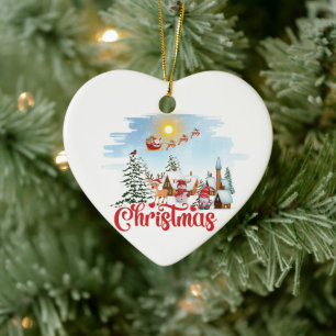 Cute Gnome, Snowman Celebrating Christmas Holiday Ceramic Tree Decoration