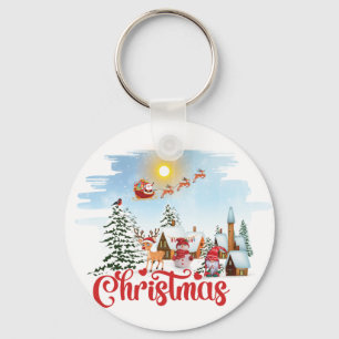 Cute Gnome, Snowman Celebrating Christmas Holiday Key Ring