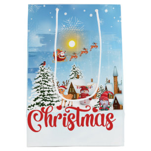 Cute Gnome, Snowman Celebrating Christmas Holiday Medium Gift Bag