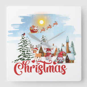 Cute Gnome, Snowman Celebrating Christmas Holiday Square Wall Clock