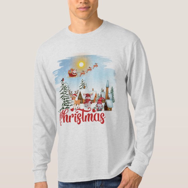 Cute Gnome, Snowman Celebrating Christmas Holiday T-Shirt (Front)