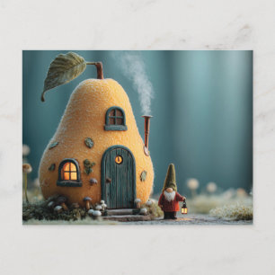 Cute Gnome Standing by a Pear Fairy Cottage Holiday Postcard
