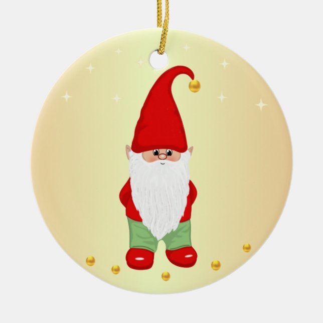 Cute Gnome, Stars and Gold Confetti  Ceramic Tree Decoration (Front)