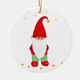 Cute Gnome, Stars and Gold Confetti on White Ceramic Tree Decoration