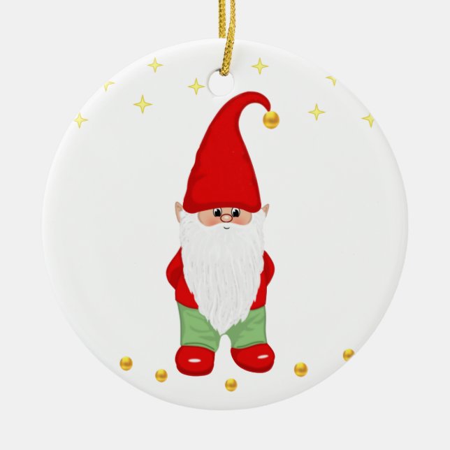 Cute Gnome, Stars and Gold Confetti on White Ceramic Tree Decoration (Front)