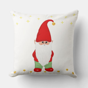Cute Gnome, Stars and Gold Confetti on White Cushion