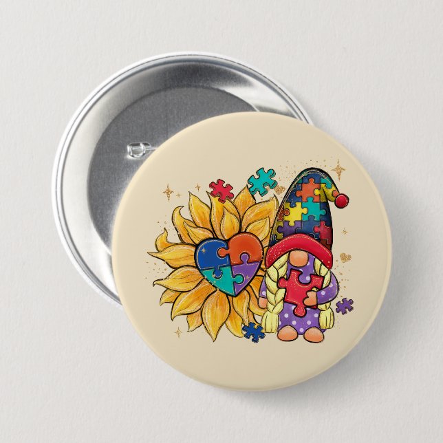 Cute Gnome, Sunflower & Heart Autism Awareness 7.5 Cm Round Badge (Front & Back)