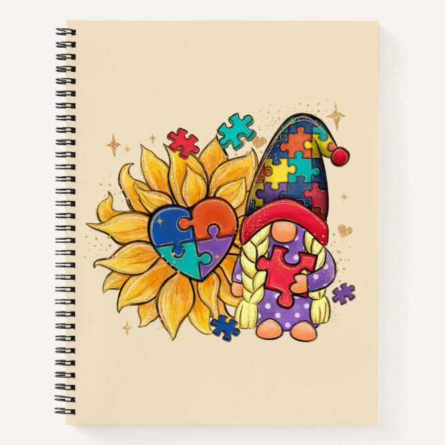 Cute Gnome, Sunflower & Heart Autism Awareness Notebook (Front)