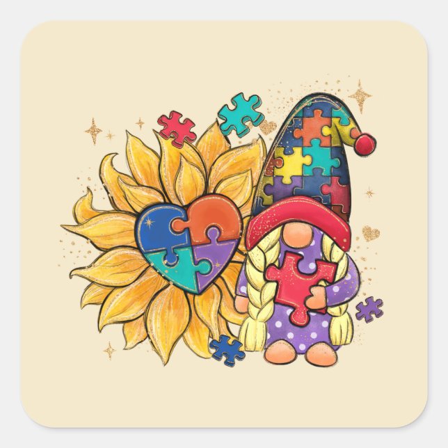 Cute Gnome, Sunflower & Heart Autism Awareness Square Sticker (Front)