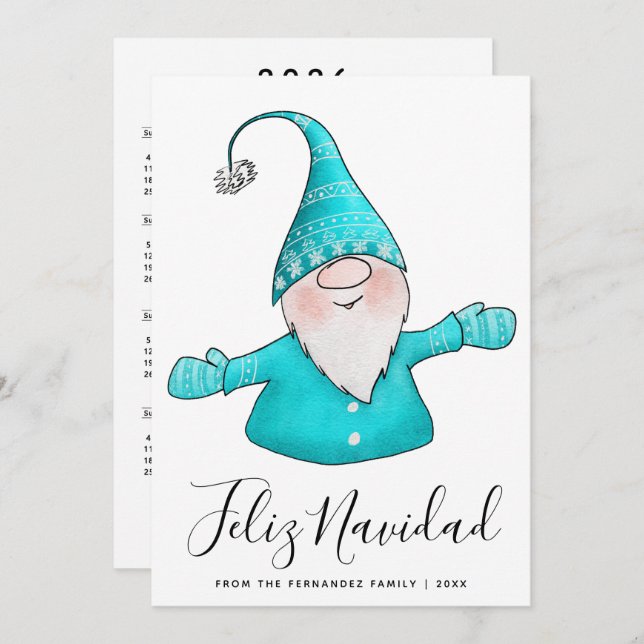 Cute Gnome Teal Blue Feliz Navidad 2025 Calendar Holiday Card (Front/Back)