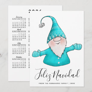 Cute Gnome Teal Blue Feliz Navidad 2026 Calendar Holiday Card