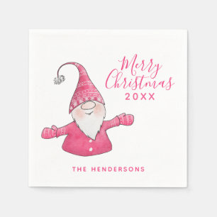 Cute Gnome White and Pink Merry Christmas Napkin