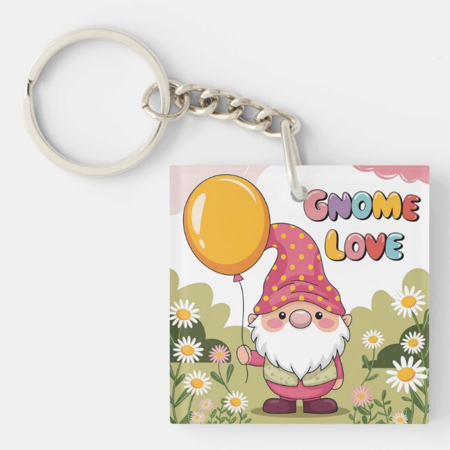 Cute Gnome with Balloon - Gnome Love Design Key Ring (Front)