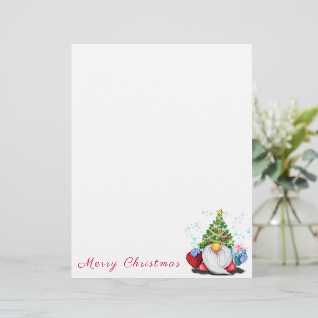 Cute Gnome with Christmas Tree Hat and Gift  Custom Letterhead (Standing Front)