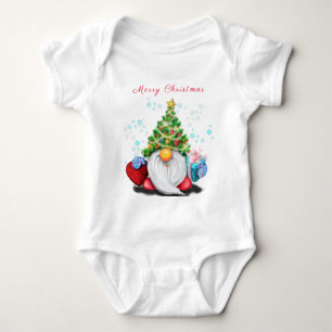 Cute Gnome with Christmas Tree Hat and Gift - Fun Baby Bodysuit