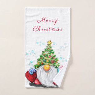 Cute Gnome with Christmas Tree Hat and Gift - Fun  Bath Towel Set