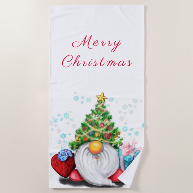Cute Gnome with Christmas Tree Hat and Gift - Fun  Beach Towel (Front)