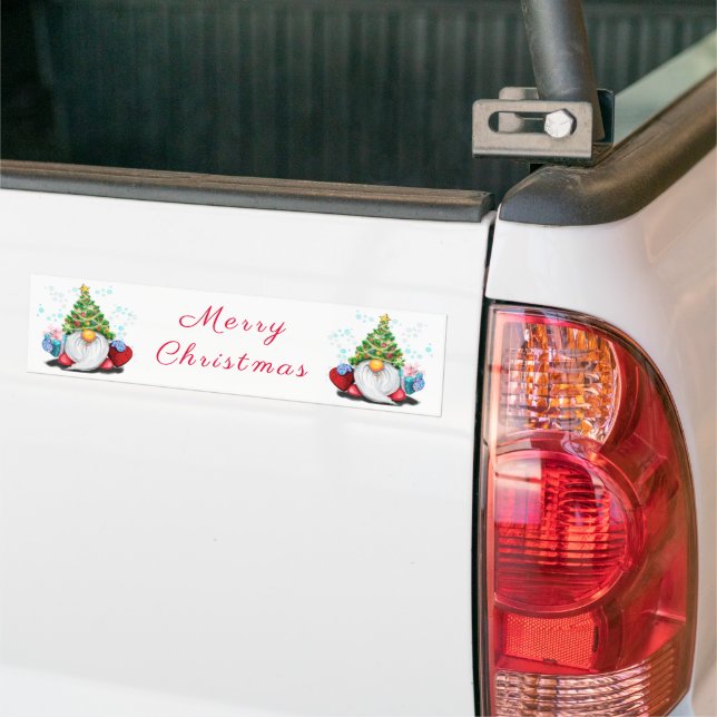 Cute Gnome with Christmas Tree Hat and Gift - Fun  Bumper Sticker (On Truck)