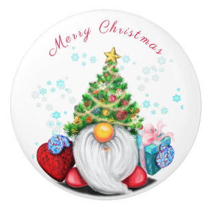 Cute Gnome with Christmas Tree Hat and Gift - Fun  Ceramic Knob