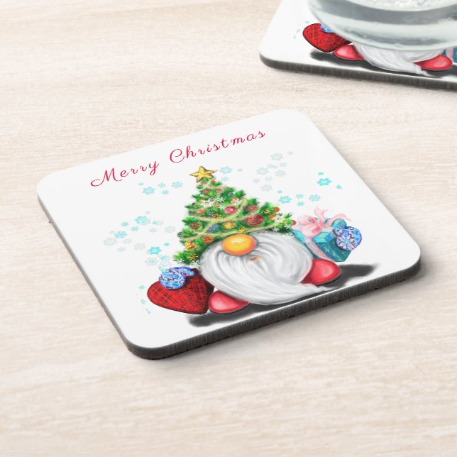 Cute Gnome with Christmas Tree Hat and Gift - Fun  Coaster (Left Side)