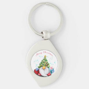 Cute Gnome with Christmas Tree Hat and Gift - Fun  Key Ring