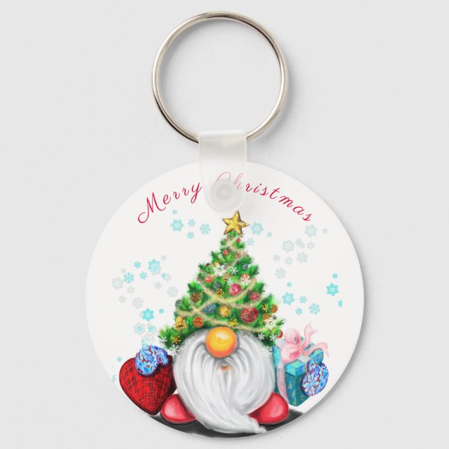 Cute Gnome with Christmas Tree Hat and Gift - Fun  Key Ring (Front)